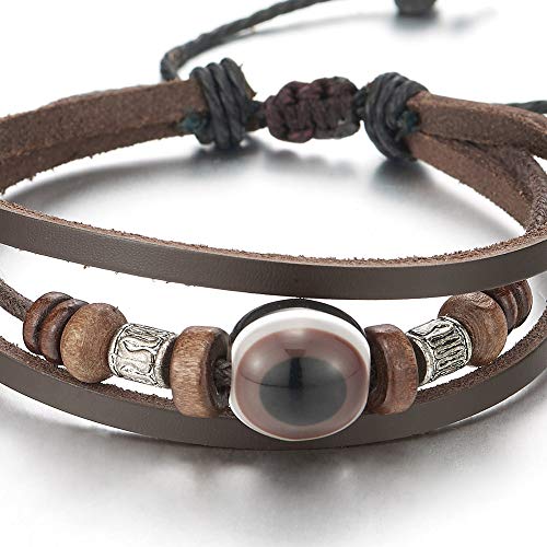 COOLSTEELANDBEYOND Tribal Evil Eye Beads Charms Brown Leather Bracelet Wristband Wrap Men Women, Adjustable - coolsteelandbeyond