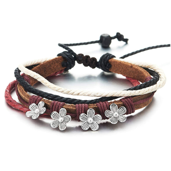 Tribal Multi-Strand Brown Leather Cotton Strap Wristband Bracelet with Flower Charm, Colorful Cotton - COOLSTEELANDBEYOND Jewelry