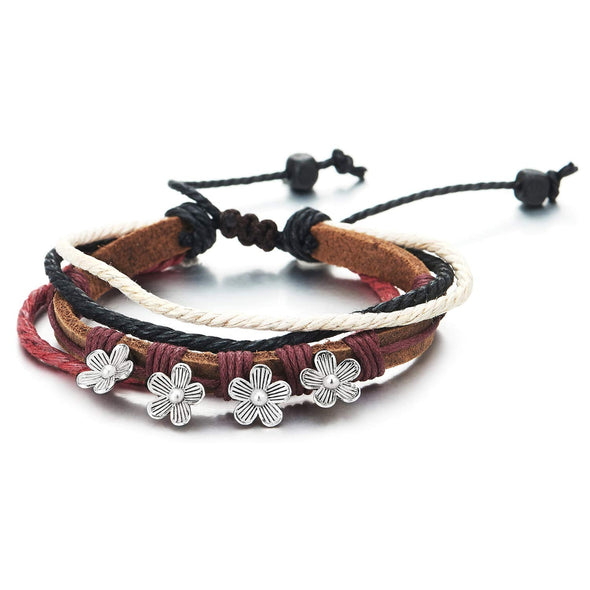 Tribal Multi-Strand Brown Leather Cotton Strap Wristband Bracelet with Flower Charm, Colorful Cotton - COOLSTEELANDBEYOND Jewelry