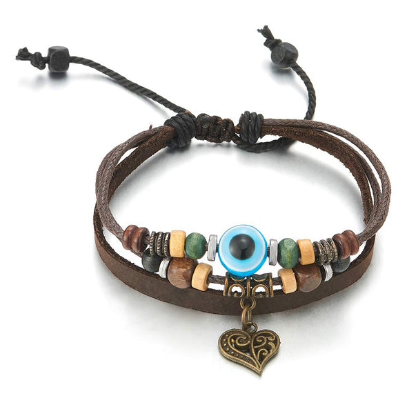 COOLSTEELANDBEYOND Tribal Multi-Strand Leather Cotton Strap Bracelet Wristband with Vintage Heart Evil-Eye Beads Charms - COOLSTEELANDBEYOND Jewelry