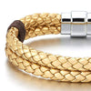 COOLSTEELANDBEYOND Two-Row Gold Braided Leather Bangle Bracelet for Men Women Leather Wristband with Magnetic Clasp - coolsteelandbeyond