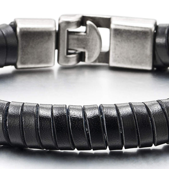 COOLSTEELANDBEYOND Unique Black Braided Leather Bangle Bracelet for Men Women, Leather Wristband Bangle, Minimalist - coolsteelandbeyond