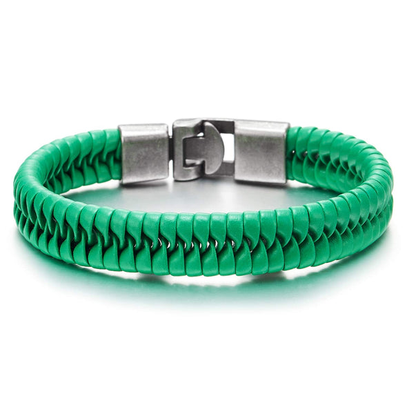 Unique Green Braided Leather Bracelet for Man Women Genuine Leather Bangle Wrap Wristband - COOLSTEELANDBEYOND Jewelry