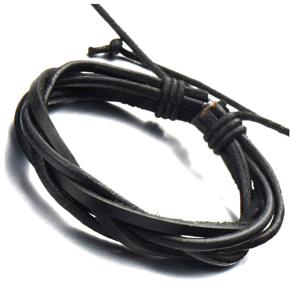 Unique Interwoven Black Leather Bracelet for Men for Genuine Leather Wrap Bracelet Wristband - COOLSTEELANDBEYOND Jewelry