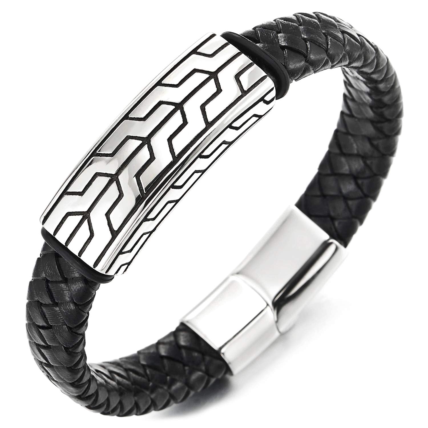Unique Men Stainless Steel Tire Tread Charm and Black Braided Leather ...