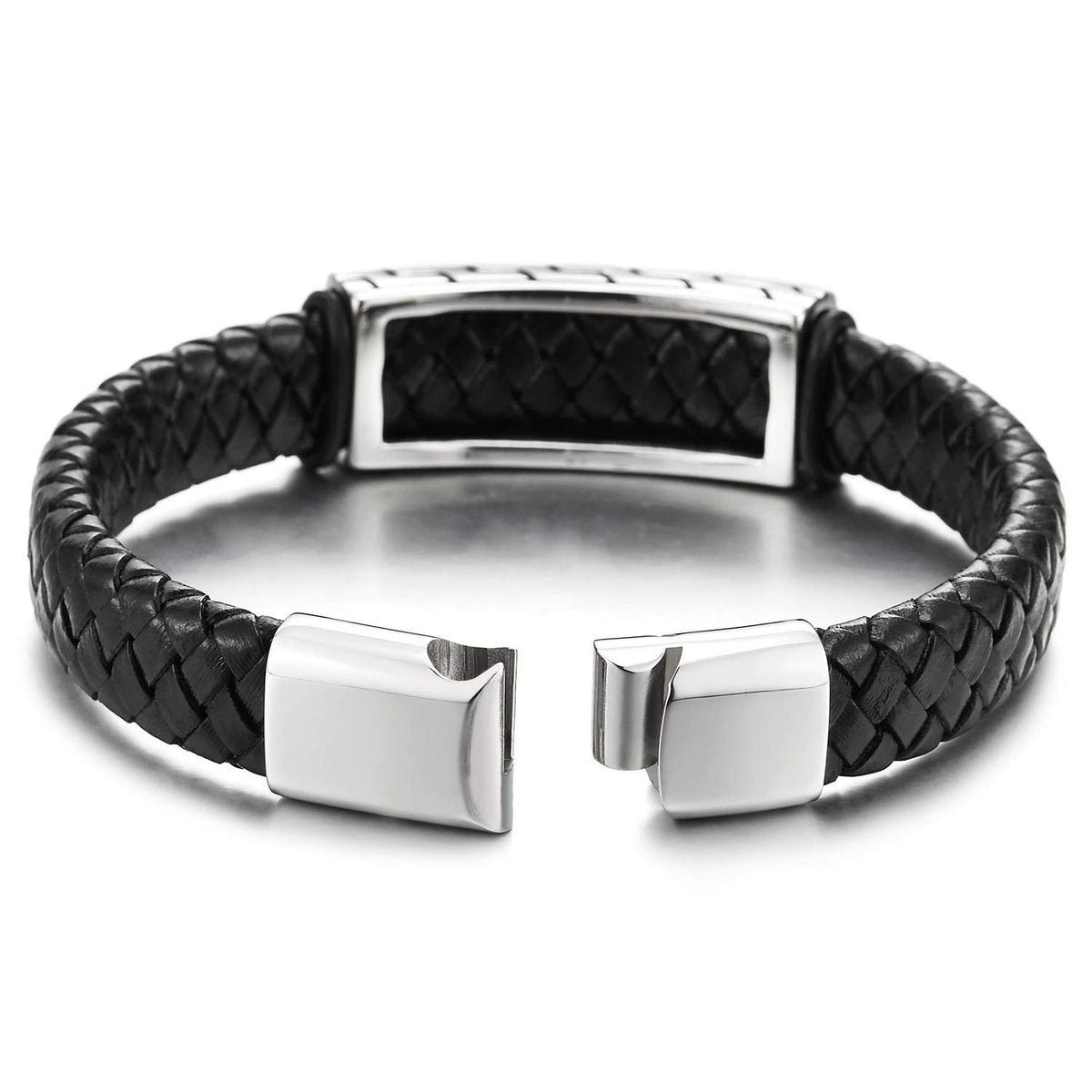 Unique Men Stainless Steel Tire Tread Charm and Black Braided Leather ...