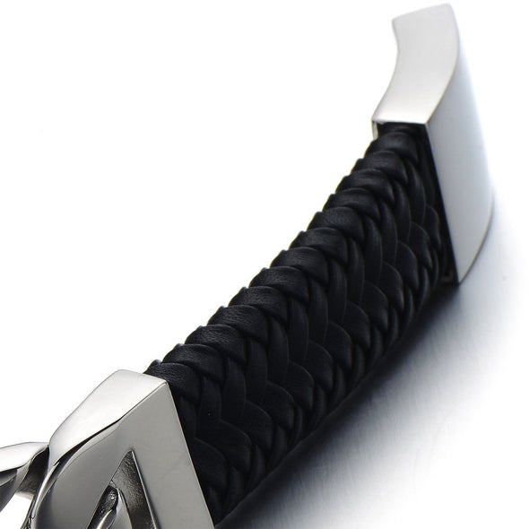 COOLSTEELANDBEYOND Unique Mens Stainless Steel Curb Chain and Genuine Braided Leather Bracelet with Spring Box Clasp - coolsteelandbeyond