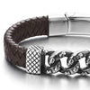 COOLSTEELANDBEYOND Unique Mens Steel Skull Curb Chain and Brown Genuine Braided Leather Bracelet with Magnetic Clasp - coolsteelandbeyond
