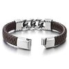 COOLSTEELANDBEYOND Unique Mens Steel Skull Curb Chain and Brown Genuine Braided Leather Bracelet with Magnetic Clasp - coolsteelandbeyond
