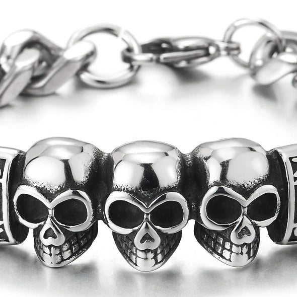 COOLSTEELANDBEYOND Unique Mens Womens Steel Triple Skulls Vintage Tribal Tattoo ID Identification Curb Chain Bracelet - coolsteelandbeyond