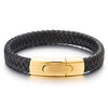 COOLSTEELANDBEYOND Unisex Men Womens Black Braided Leather Bracelet Bangle Wristband with Gold Color Steel Spring Clasp - coolsteelandbeyond