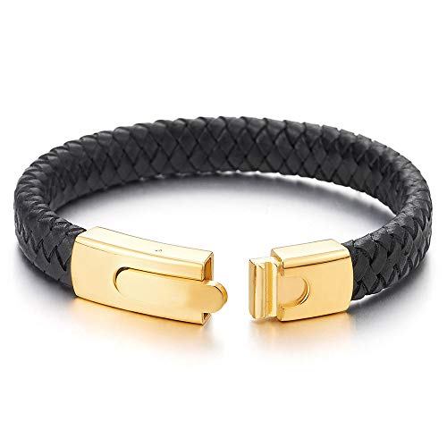 COOLSTEELANDBEYOND Unisex Men Womens Black Braided Leather Bracelet Bangle Wristband with Gold Color Steel Spring Clasp - coolsteelandbeyond