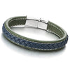 COOLSTEELANDBEYOND Unisex Mens Women Blue Green Stitches Braided Leather Bracelet Wristband Bangle with Steel Clasp - coolsteelandbeyond