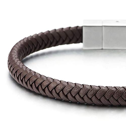 COOLSTEELANDBEYOND Unisex Mens Womens Thin Brown Braided Leather Bracelet Bangle Wristband with Steel Spring Clasp - coolsteelandbeyond