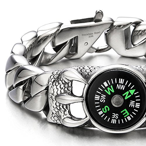 COOLSTEELANDBEYOND Vintage Dragon Eagle Claws and Compass, Mens Stainless Steel Curb Chain Link Bracelet - coolsteelandbeyond