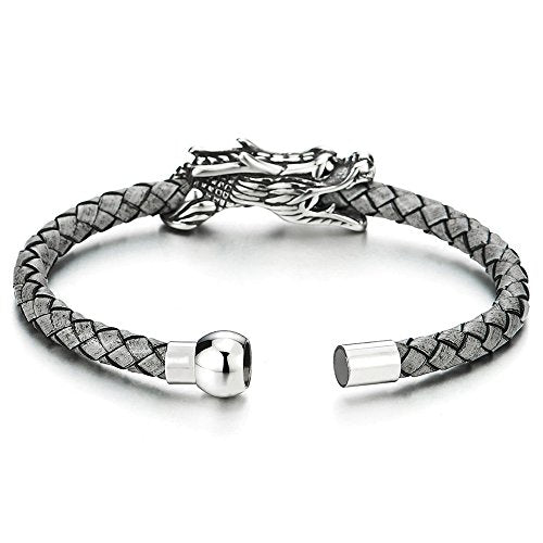 COOLSTEELANDBEYOND Vintage Stainless Steel Dragon Bangle Bracelet Grey Genuine Braided Leather Wristband, for Men - coolsteelandbeyond