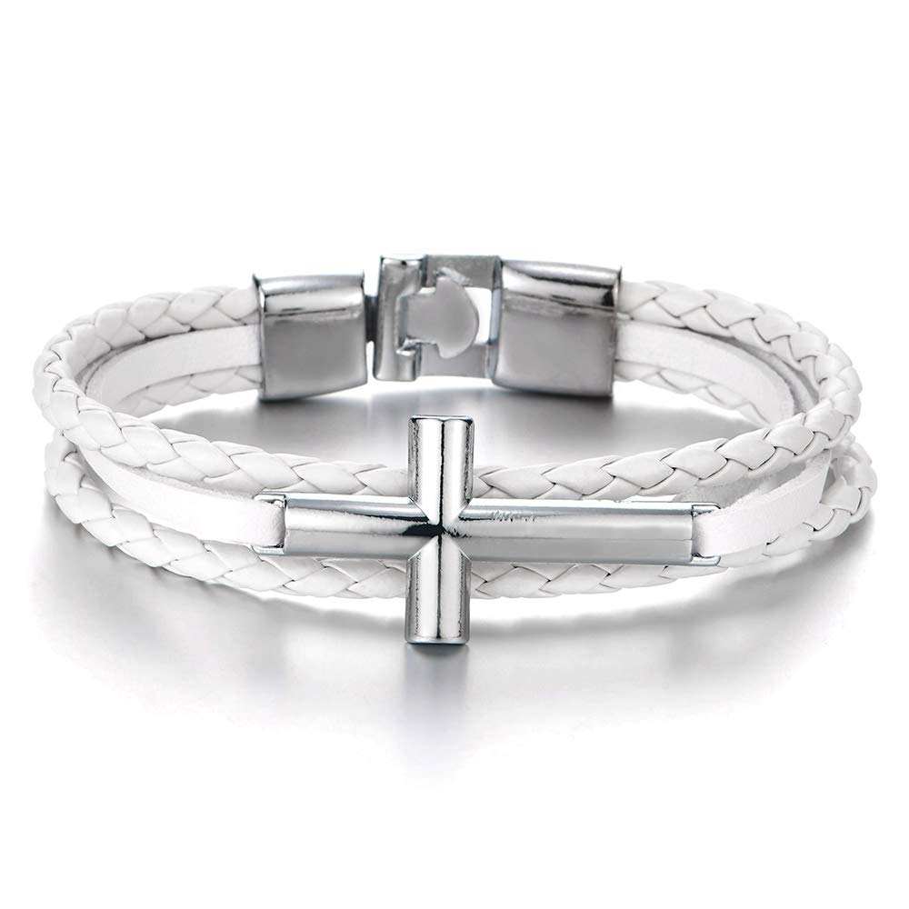 White Horizontal Sideway Lateral Cross Brown Braided Leather Bangle ...