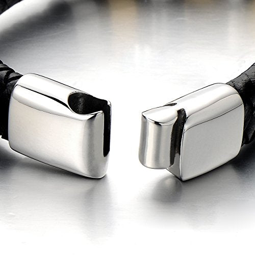 COOLSTEELANDBEYOND Wide Black Braided Leather Bracelet for Men Genuine Leather Wristband with Magnetic Box Clasp - coolsteelandbeyond