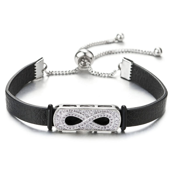 Women Cubic Zirconia Friendship Infinity Love Number 8 Bracelet with Black Leather Strap, Adjustable - COOLSTEELANDBEYOND Jewelry