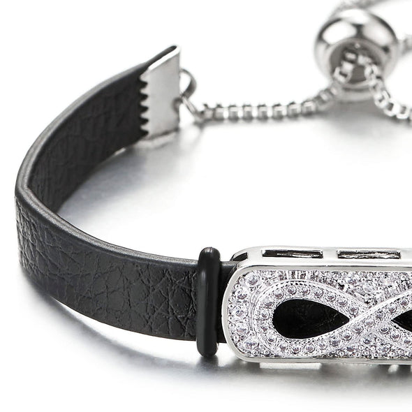 Women Cubic Zirconia Friendship Infinity Love Number 8 Bracelet with Black Leather Strap, Adjustable - COOLSTEELANDBEYOND Jewelry