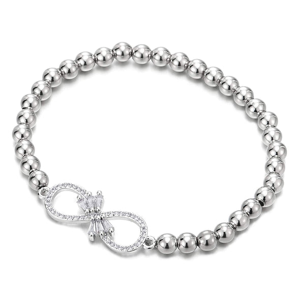COOLSTEELANDBEYOND Women Friendship Beads Link Chain Bracelet with Charm of Cubic Zirconia Infinity Love Number 8 - COOLSTEELANDBEYOND Jewelry