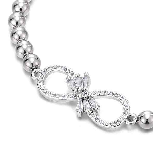 COOLSTEELANDBEYOND Women Friendship Beads Link Chain Bracelet with Charm of Cubic Zirconia Infinity Love Number 8 - COOLSTEELANDBEYOND Jewelry