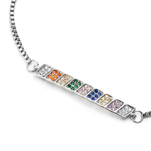 Women Stainless Steel Box Link Chain Bracelet with Colorful Cubic Zirconia Pave Bar Charm Adjustable - COOLSTEELANDBEYOND Jewelry