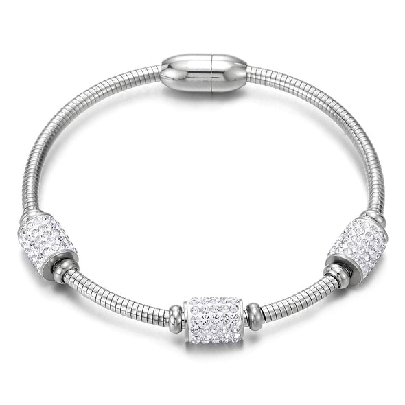 COOLSTEELANDBEYOND Women Steel Bangle Bracelet with Three Cubic Zirconia Pave Tunnel Beads Charms, Magnetic Clasp - COOLSTEELANDBEYOND Jewelry