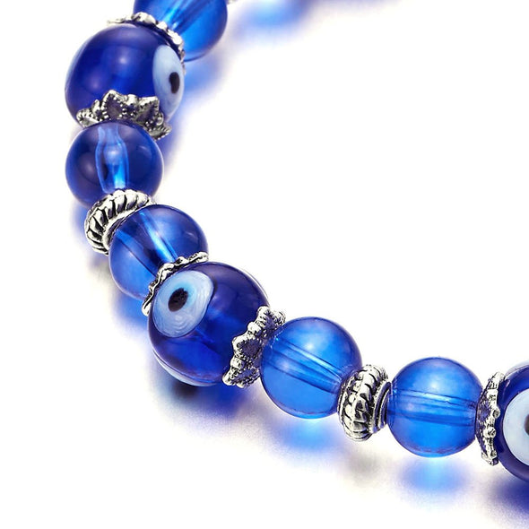 COOLSTEELANDBEYOND Womens Beads Bracelet with 8mm Blue Murano-Style Glass Evil Eye Beads and Charms - COOLSTEELANDBEYOND Jewelry