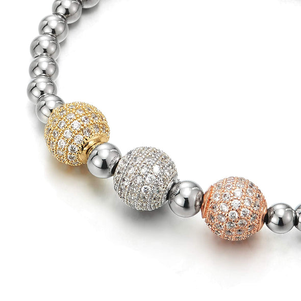 COOLSTEELANDBEYOND Womens Beads Chain Bracelet with Cubic Zirconia Silver Gold Rose Gold Ball Charms, Stretchable - COOLSTEELANDBEYOND Jewelry