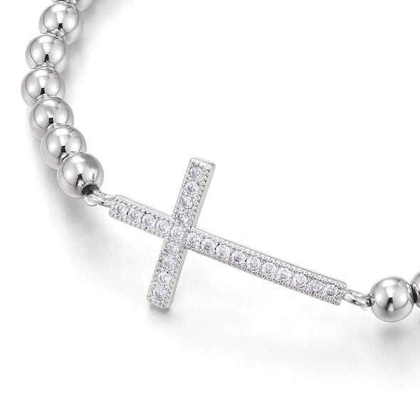 COOLSTEELANDBEYOND Womens Beads Link Chain Bracelet Cubic Zirconia Horizontal Sideway Cross, Exquisite - COOLSTEELANDBEYOND Jewelry