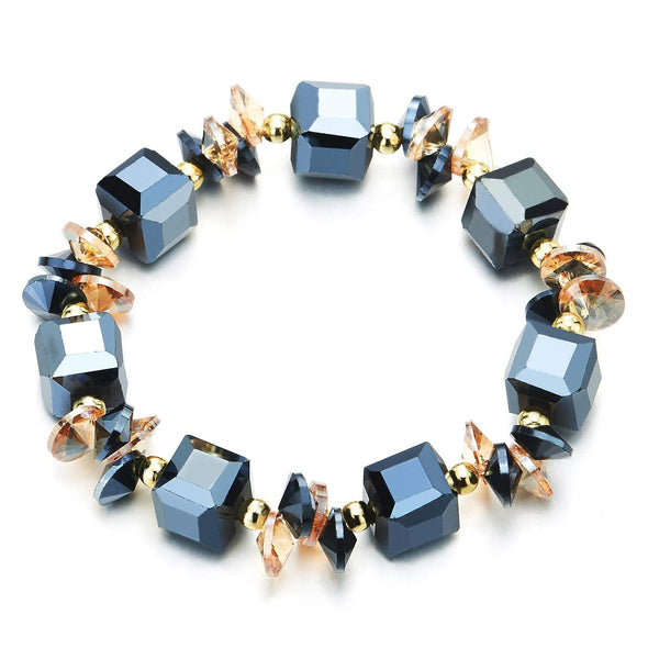 COOLSTEELANDBEYOND Womens Champagne Disc Dark Blue Faceted Cube Crystal Beads Charms Bracelet, Stretchable - COOLSTEELANDBEYOND Jewelry