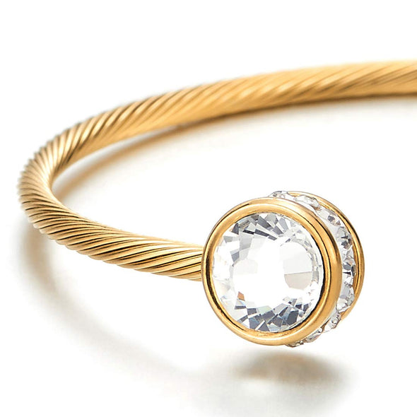 Womens Elastic Adjustable Gold Color Steel Bangle Bracelet with Cubic Zirconia Elegant - COOLSTEELANDBEYOND Jewelry