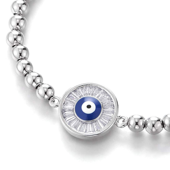 COOLSTEELANDBEYOND Womens Mens Beads Link Chain Bracelet with Cubic Zirconia Circle Protection Evil Eye - COOLSTEELANDBEYOND Jewelry