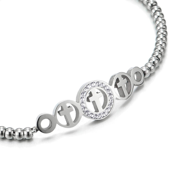 COOLSTEELANDBEYOND Womens Mens Stainless Steel Beads Chain Bracelet, Cross Circle Charm with Cubic Zirconia, Adjustable - COOLSTEELANDBEYOND Jewelry