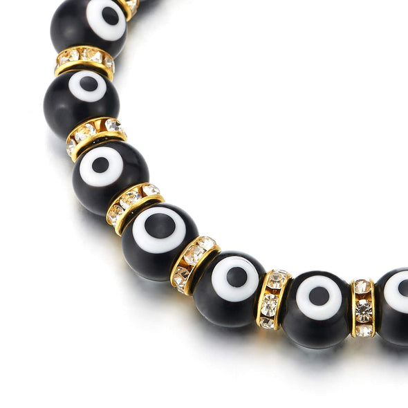 COOLSTEELANDBEYOND Womens Murano-Style Black White Gem Stone Evil Eye Beads and CZ Gold Color Bead Charms Bracelet - COOLSTEELANDBEYOND Jewelry