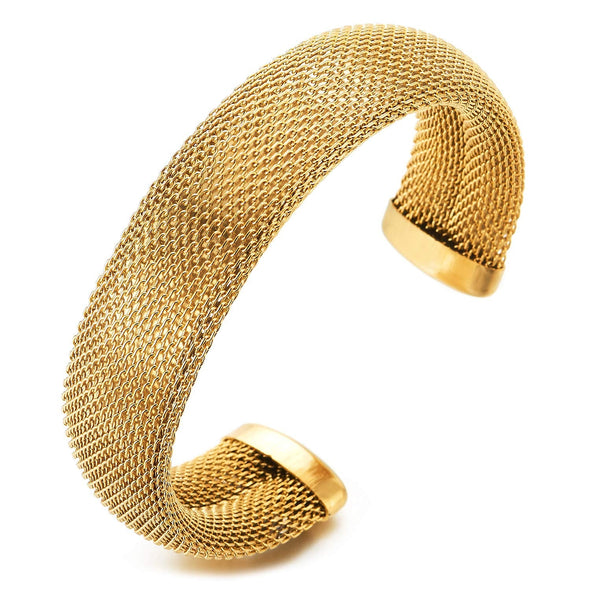 COOLSTEELANDBEYOND Womens Stainless Steel Gold Color Adjustable Grid Mesh Cable Cuff Bangle Bracelet, Glamorous - COOLSTEELANDBEYOND Jewelry