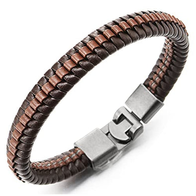 Dual Color Brown Braided Leather Bracelet for Man Women Genuine Leather Bangle Wristband, Minimalist - COOLSTEELANDBEYOND Jewelry