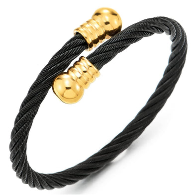 Elastic Adjustable Gold Black Stainless Steel Open Cuff Bangle Bracelet for Men Women - COOLSTEELANDBEYOND Jewelry