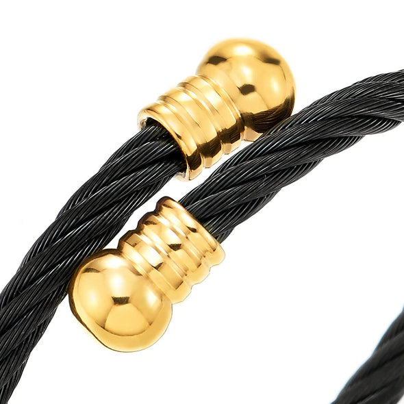 Elastic Adjustable Gold Black Stainless Steel Open Cuff Bangle Bracelet for Men Women - COOLSTEELANDBEYOND Jewelry