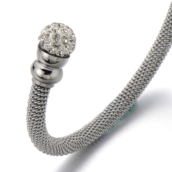 Elastic Adjustable Ladies Stainless Steel Bangle Bracelet with Cubic Zirconia - COOLSTEELANDBEYOND Jewelry