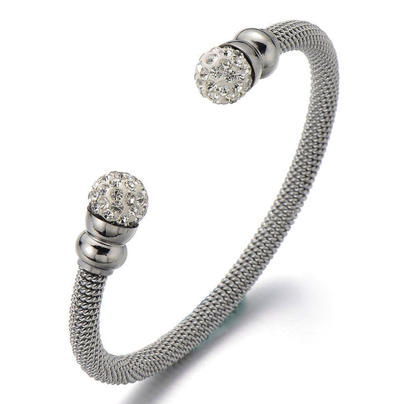 Elastic Adjustable Ladies Stainless Steel Bangle Bracelet with Cubic Zirconia - COOLSTEELANDBEYOND Jewelry