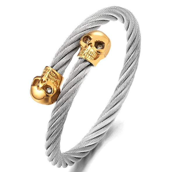 Elastic Adjustable Mens Skull Bangle Bracelet Steel Twisted Cable Cuff Bracelet - coolsteelandbeyond