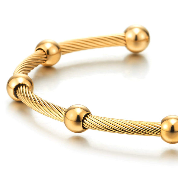 Elastic Adjustable Mens Women Gold Color Steel Beads Charm Bangle Cuff Bracelet