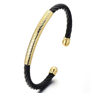 Elastic Adjustable Mens Womens Stainless Steel Twisted Cable Bangle Bracelet Gold Black Two-Tone - coolsteelandbeyond