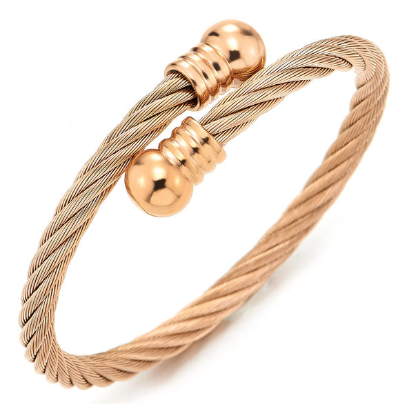 Elastic Adjustable Rose Gold Stainless Steel Open Cuff Bangle Bracelet for Men Women - COOLSTEELANDBEYOND Jewelry