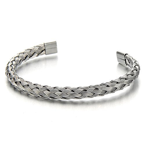 Elastic Adjustable Stainless Steel Braided Interwoven Cable Bangle Bracelet for Men Women Polished - coolsteelandbeyond
