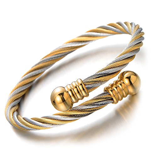 COOLSTEELANDBEYOND Elastic Adjustable Steel Twisted Cable Cuff Bangle Bracelet for Mens for Women - coolsteelandbeyond