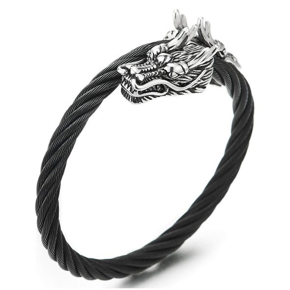 Elastic Adjustable Steel Mens Vintage Dragons Head Black Twisted Cable Cuff Bangle Bracelet - coolsteelandbeyond