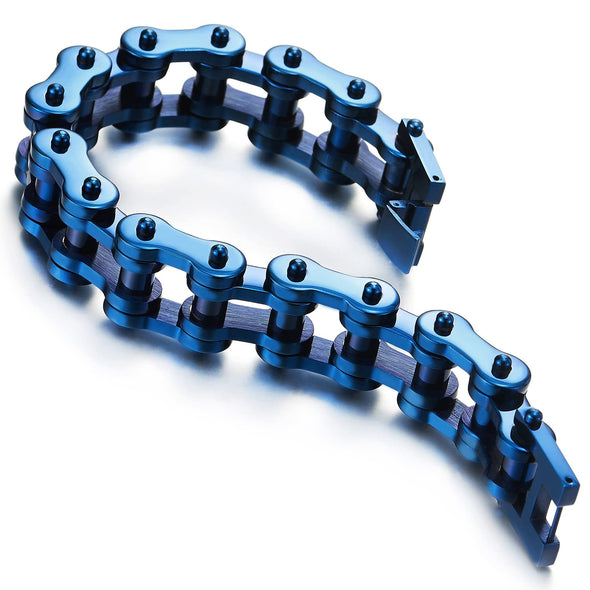 Exquisite Mens Blue Bike Chain Bracelet of Stainless Steel High Polished - COOLSTEELANDBEYOND Jewelry